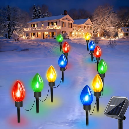 AVOXEZOR Christmas Light, C9 Solar Outdoor Christmas Decoration Lights 12LED, Waterproof Christmas String Light Ground Plug Lights for Patio Garden Lawn
