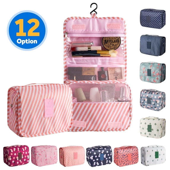 AVOXEZOR Portable Travel Toiletry Bag Travel Home Organizer Carry Cosmetic Makeup Bag, Wash Organizer Storage Handbag Pouch Bag, Pink Stripe