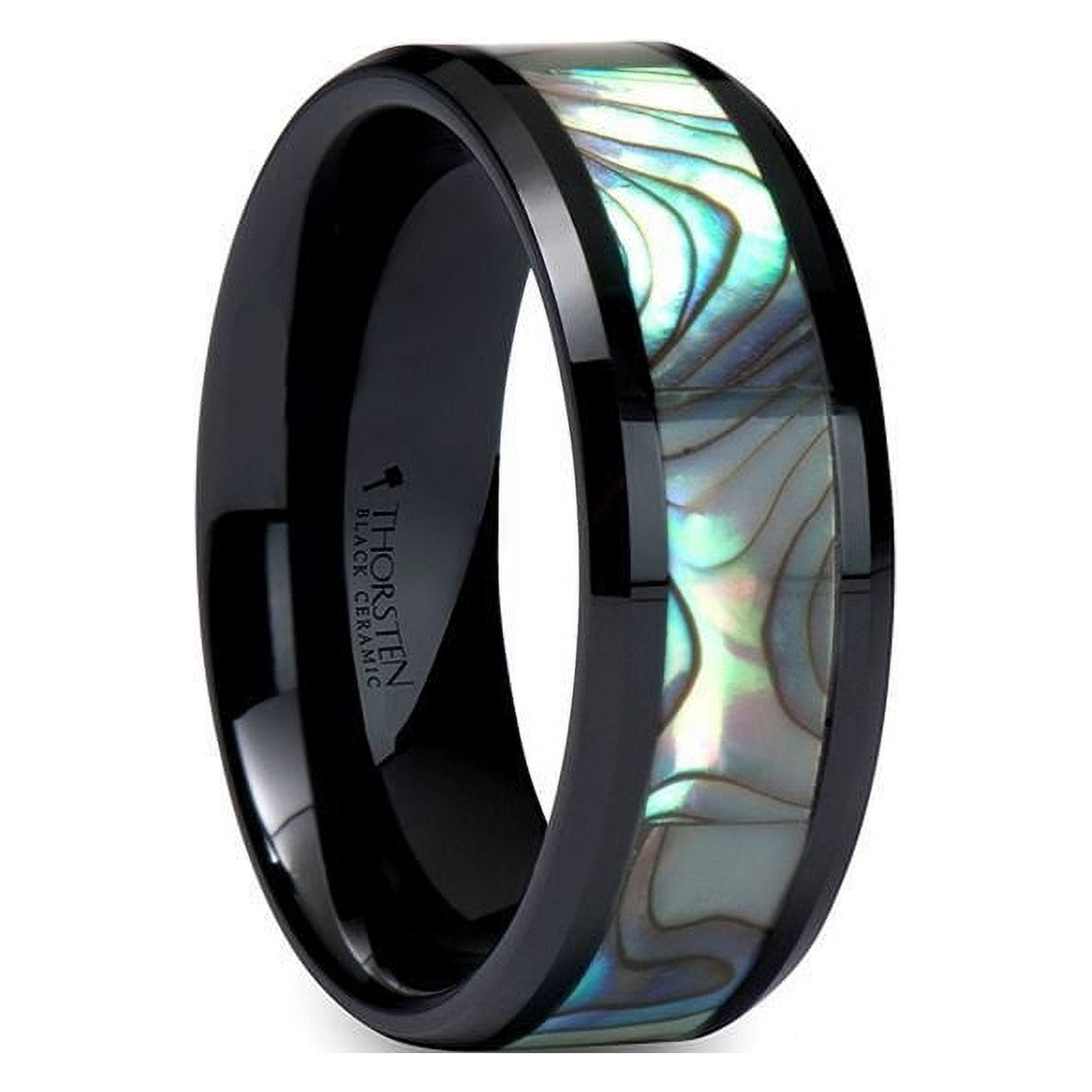 Thorsten OAHU Beveled Black Ceramic Ring with Shell Inlay - 8mm Thorsten OAHU Beveled Black Ceramic Ring with Shell Inlay - 8mm