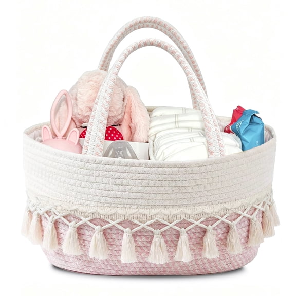 OAKART Diaper Caddy Organizer for Changing Table, Cotton Rope Nursery Basket for Baby Shower Gift, Newborn Essentials, Pink