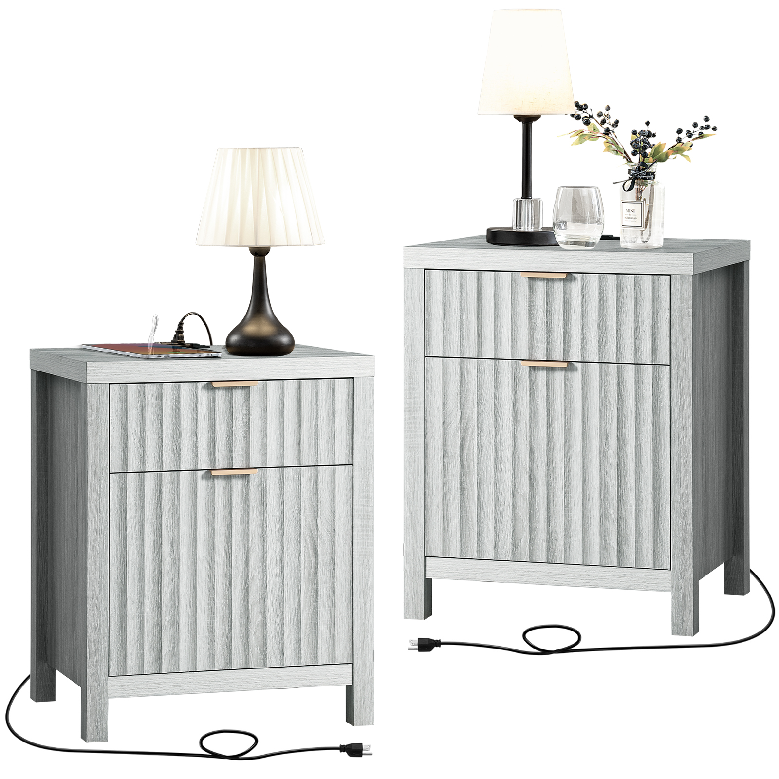 Farmhouse Nightstand Set Of 2 – LED End Tables With Charging Station & Barn Door