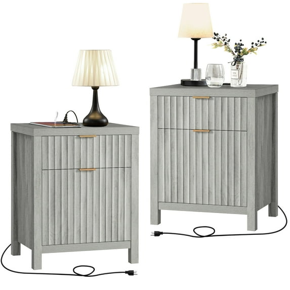 OAKHAM 2-Drawer Nightstand with Charging Station, Farmhouse Side Table, Set of 2