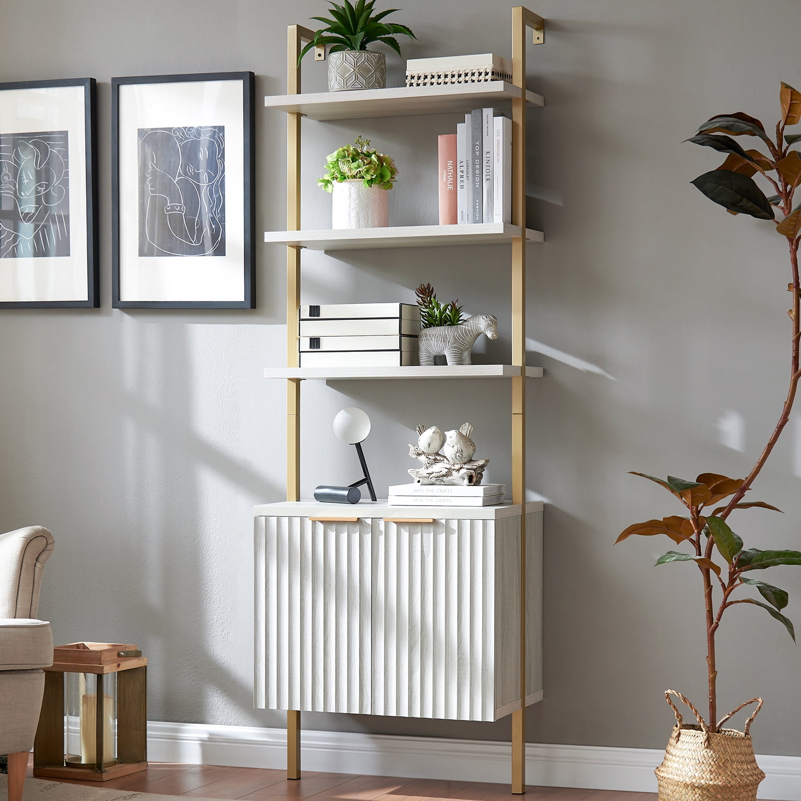OAKHAM 3 tier Ladder Bookshelf with Fluted Wall Mounted