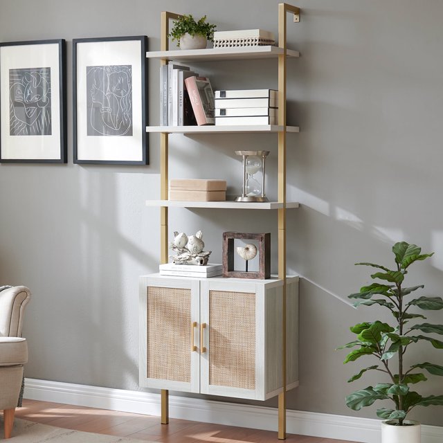 OAKHAM 3 tier Ladder Bookshelf with Rattan Wall Mounted Bookcase with Storage