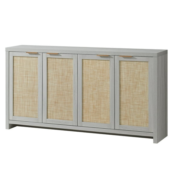 OAKHAM 4-Door Sideboard Buffet,Rattan Storage Cabinet with Adjustable Shelves,Pale Oak