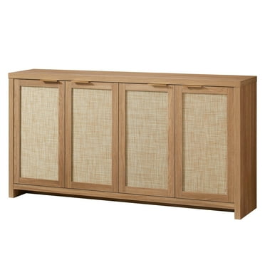 OAKHAM 4-Door Sideboard Buffet,Rattan Storage Cabinet with Adjustable Shelves,Weathered Oak