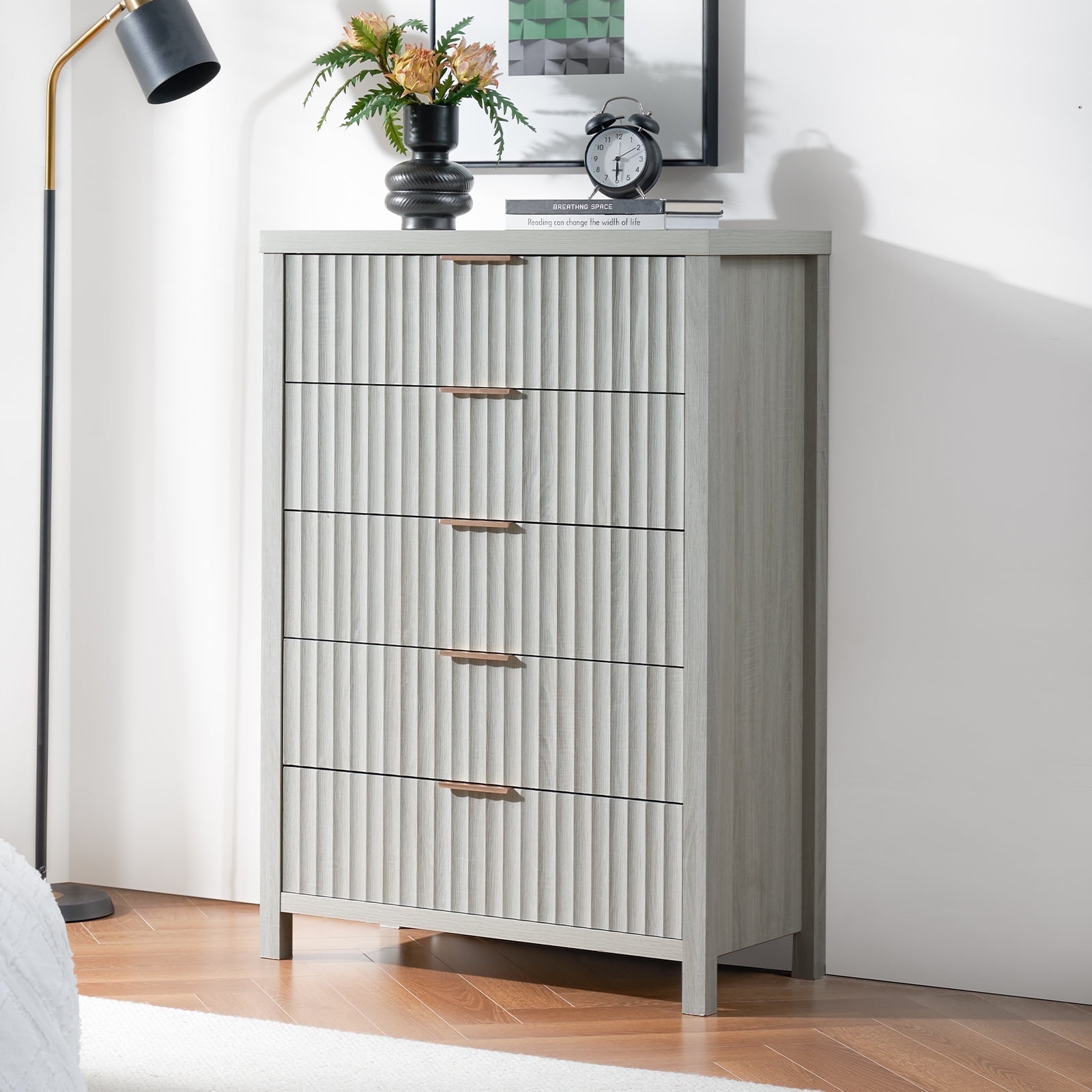 OAKHAM Modern Wood 5 Drawer Dresser, Fluted Chest for Bedroom Living ...