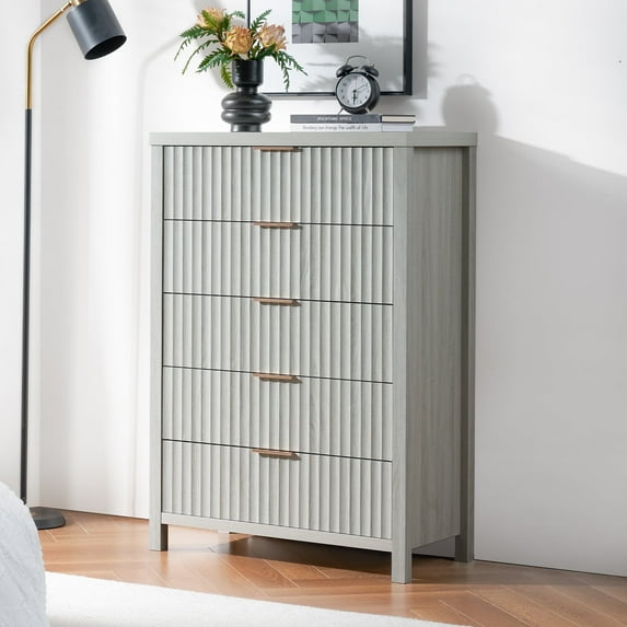 OAKHAM 5 Drawer Dresser, Fluted Vertical Chest of Drawers for Bedroom Living Room, Pale Oak
