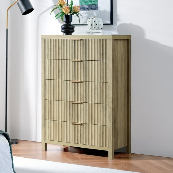 OAKHAM 5 Drawer Dresser, Fluted Vertical Chest of Drawers for Bedroom Living Room, Sunwashed Ash Oak