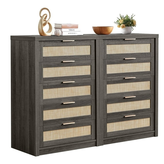 OAKHAM 5 Drawer Dresser, Rattan Wide Chest of Drawers for Bedroom Living Room, Set of 2, Midnight Oak