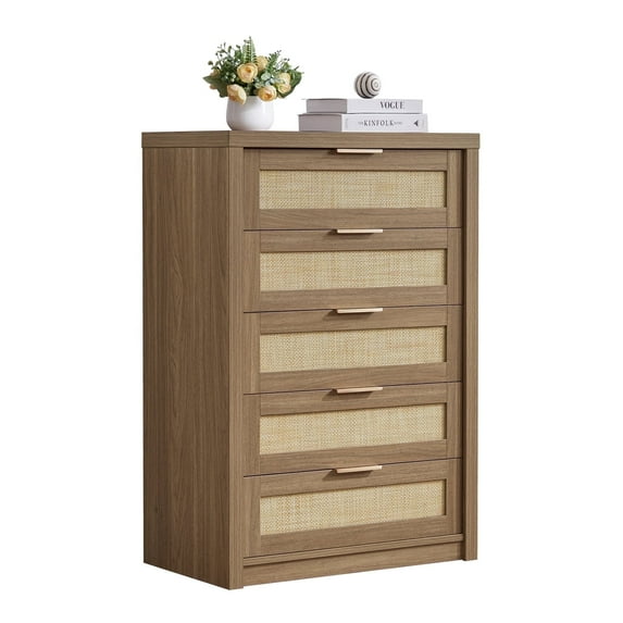 OAKHAM 5 Drawer Dresser, Rattan Wide Chest of Drawers for Bedroom Living Room, Special Walnut