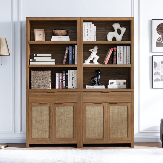 OAKHAM 5 Shelf Bookcase Set of 2 , 73" Tall Rattan Bookshelf with Doors Cabinet and Drawer, Special Walnut