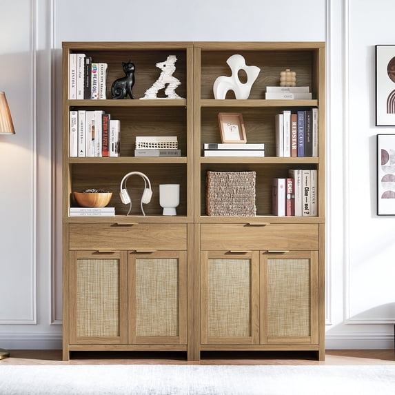 OAKHAM 5 Shelf Bookcase Set of 2 , 73" Tall Rattan Bookshelf with Doors Cabinet and Drawer, Weathered Oak