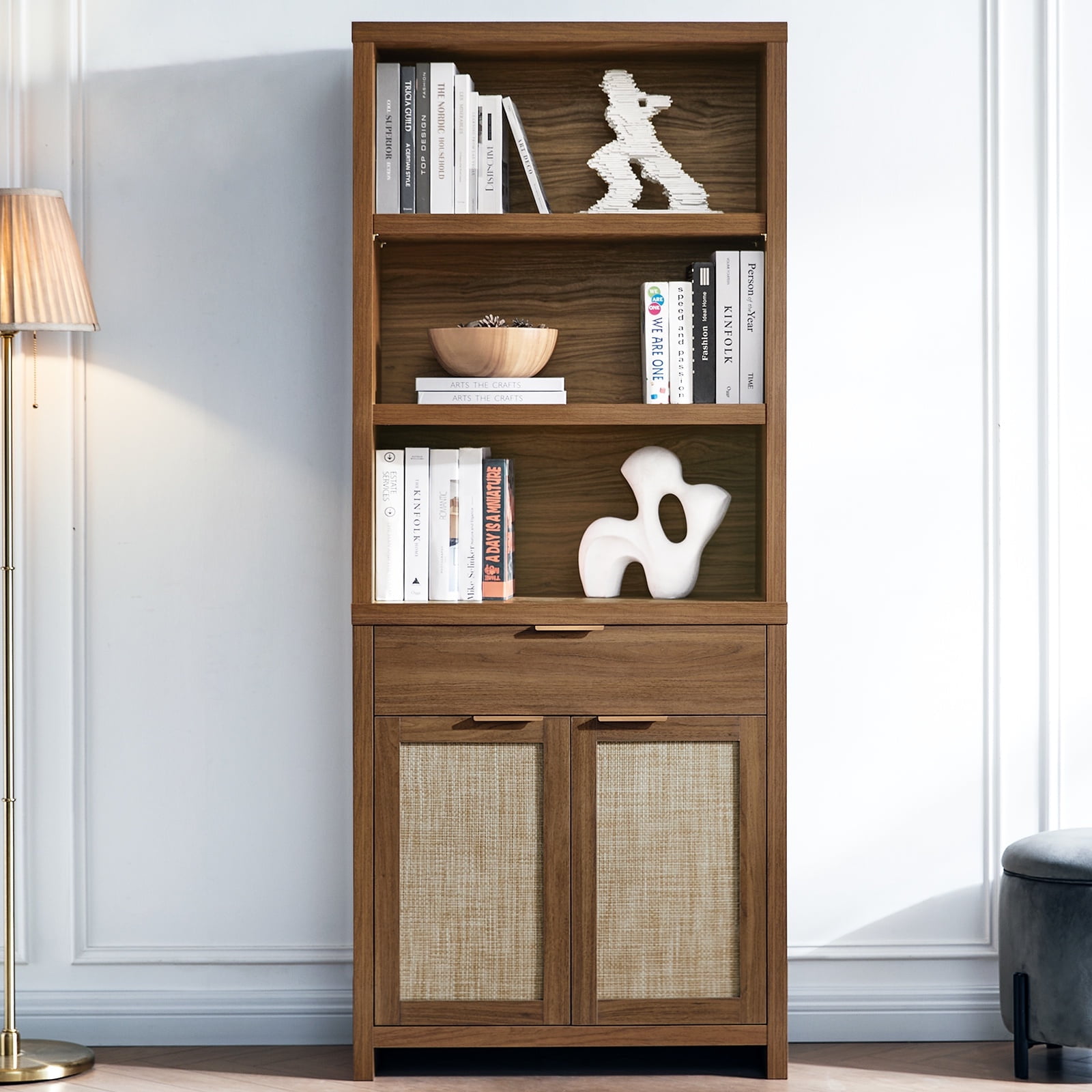 チェスト・キャビネット Antique Book open Shelf Caster Paxton Arched Door Rattan Bookshelf Raw Oak | Nathan James