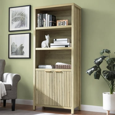 OAKHAM 5 Shelf Bookcases with Doors, 71" Tall Bookshelf with Storage Cabinets, Sunwashed Ash Oak