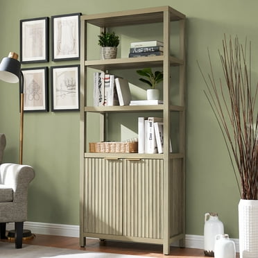 OAKHAM 5 Shelf Bookshelf with Doors, 71" Tall Bookcase with Storage Cabinet, Sunwashed Ask Oak