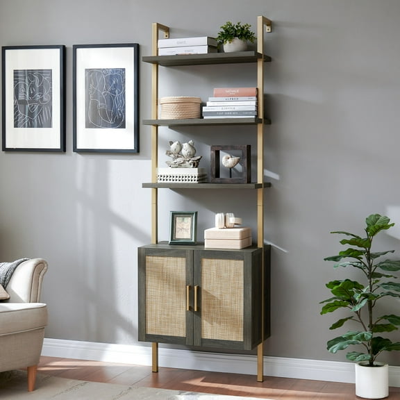 OAKHAM 5-Shelf Ladder Bookshelf with Rattan Cabinet, Wall Mounted Bookcases with Open Display Shelf, Midnight Oak