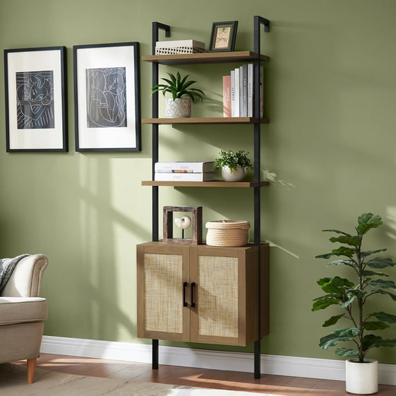 OAKHAM 5-Shelf Ladder Bookshelf with Rattan Cabinet, Wall Mounted Bookcases with Open Display Shelf, Special Walnut