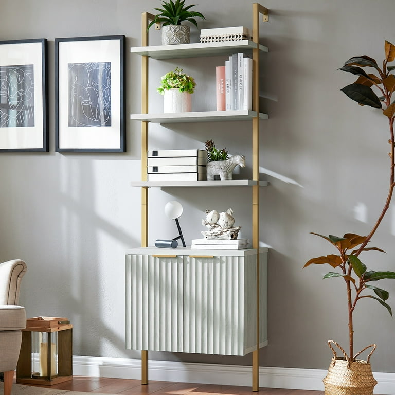 Oakham 5 Tier Ladder Bookshelf with Fluted Cabinet Wall Mounted Bookcases with Open Display Shelf Pale Oak Size Wall Mount bookshelf Fluted White