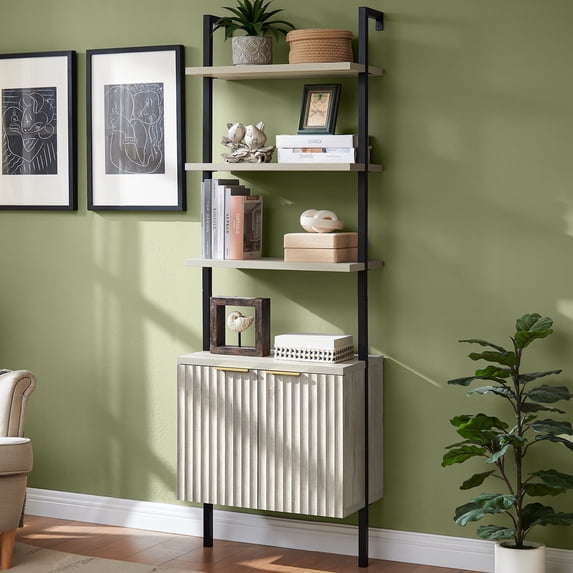 OAKHAM 5 Tier Ladder Bookshelf with Fluted Cabinet, Wall Mounted Bookcases with Open Display Shelf, Gray Oak