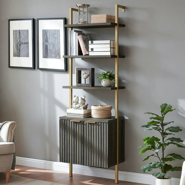 OAKHAM 5 Tier Ladder Bookshelf with Fluted Cabinet, Wall Mounted Bookcases with Open Display Shelf, Midnight Oak