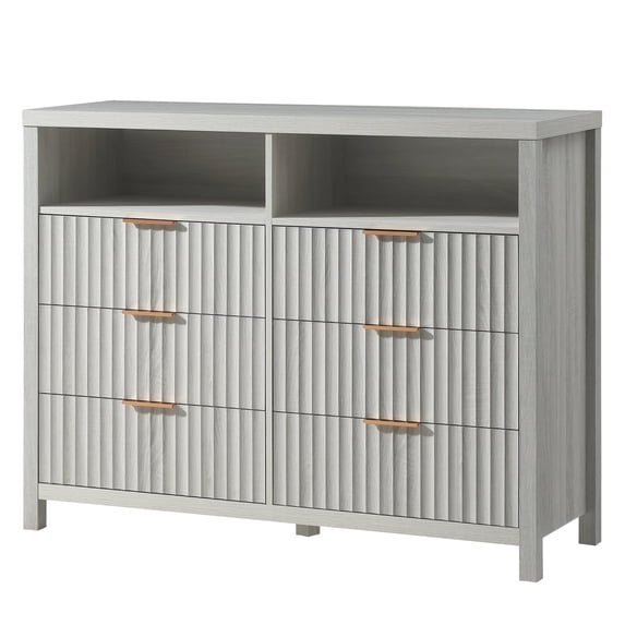 OAKHAM 6 Drawer Dresser, Fluted Wide Chest of Drawers for Bedroom Living Room, Pale Oak