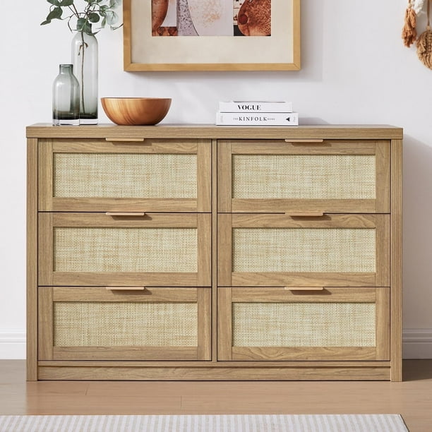 Oakham 6 Drawer Dresser Rattan Wide Chest of Drawers for Bedroom Living Room Large Weathered Oak