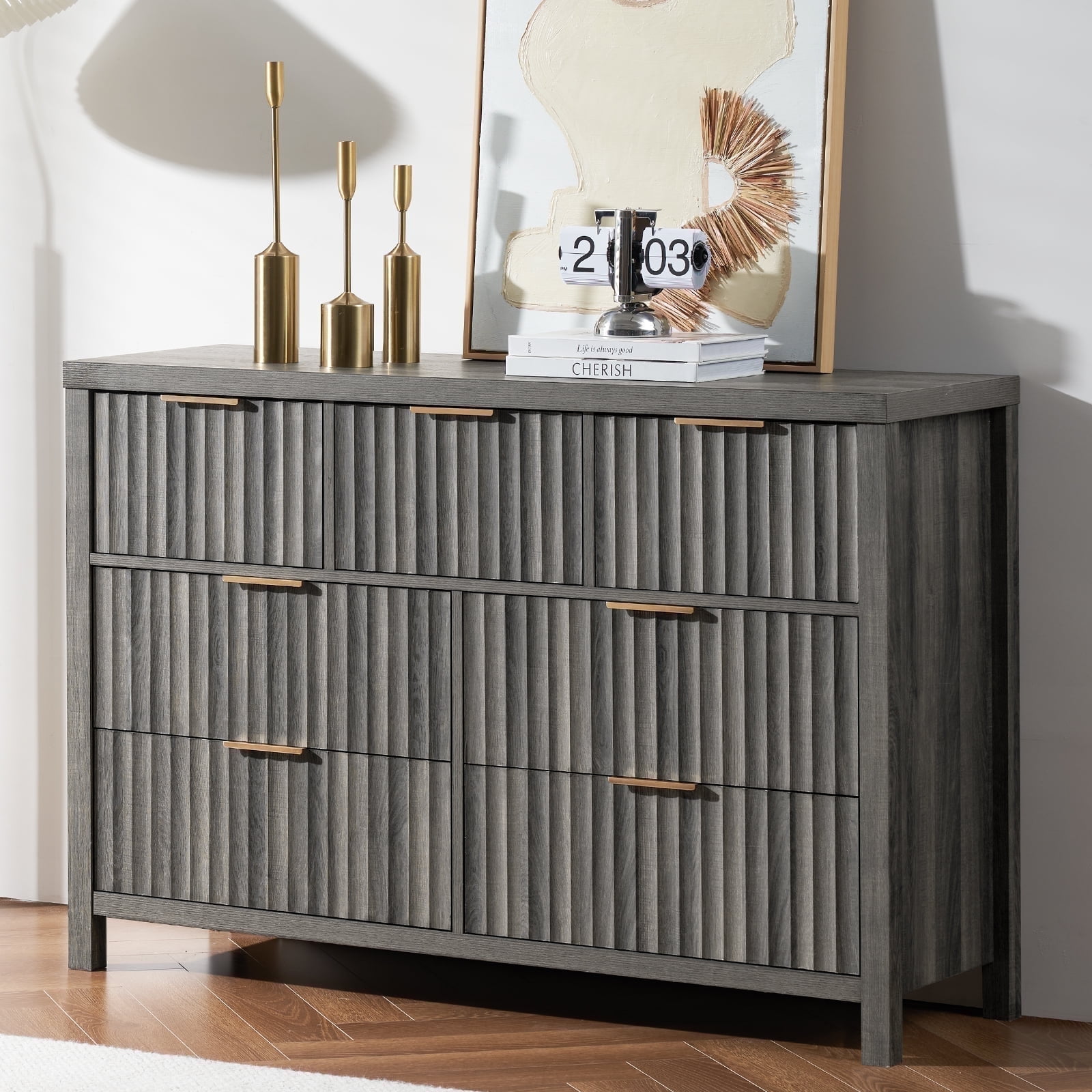 OAKHAM 7 Drawer Dresser, Fluted Wide Chest of Drawers for Bedroom Living Room, Midnight Oak