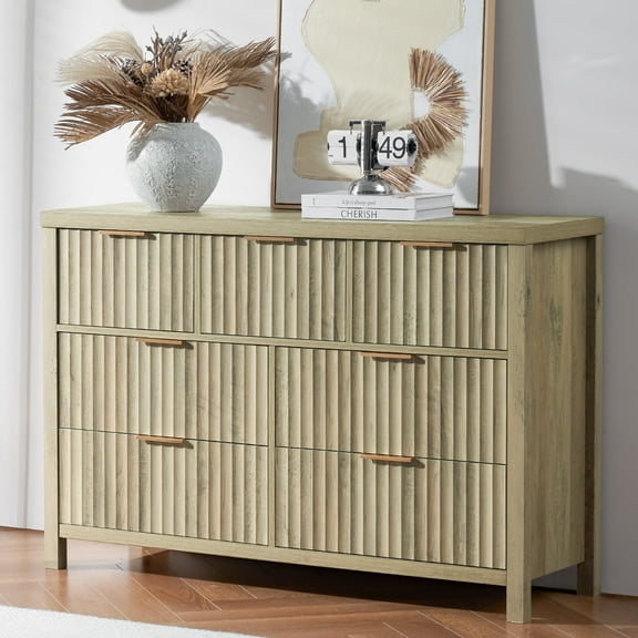 OAKHAM 7 Drawer Dresser, Fluted Wide Chest of Drawers for Bedroom Living Room, Sunwashed Ash Oak