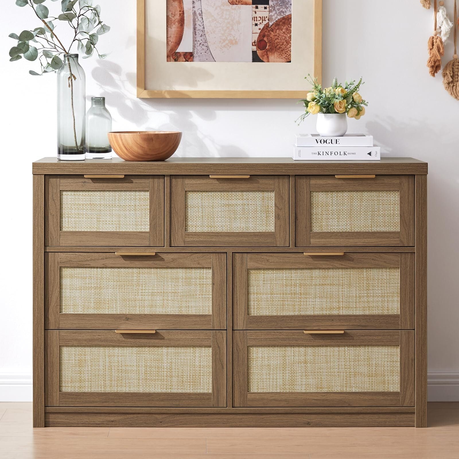 OAKHAM 7 Drawer Dresser, Rattan Wide Chest of Drawers for Bedroom ...