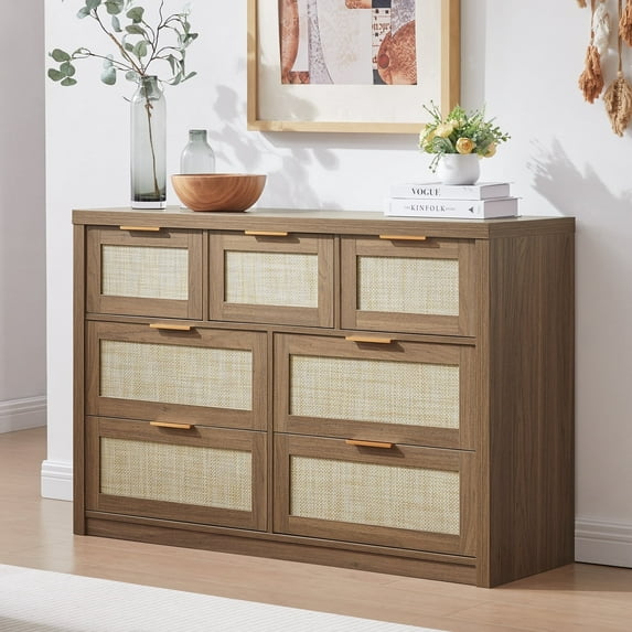OAKHAM 7 Drawer Dresser, Rattan Wide Chest of Drawers for Bedroom Living Room, Specail Walnut