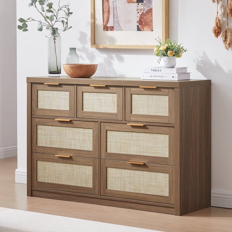 brown boho dresser OAKHAM 7 Drawer Dresser, Rattan Wide Chest of Drawers for Bedroom Living Room, Specail Walnut boho bedroom