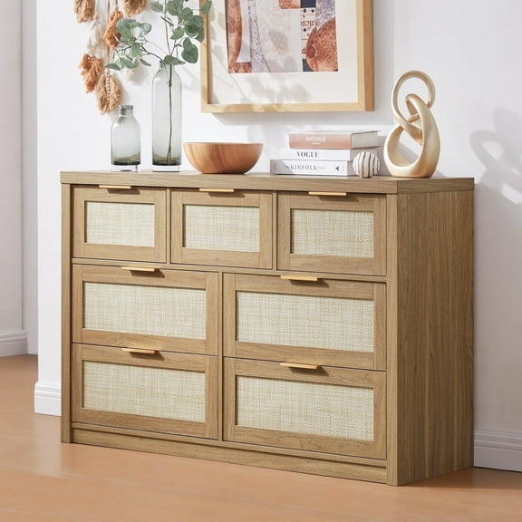 OAKHAM 7 Drawer Dresser, Rattan Wide Chest of Drawers for Bedroom Living Room, Weathered Oak