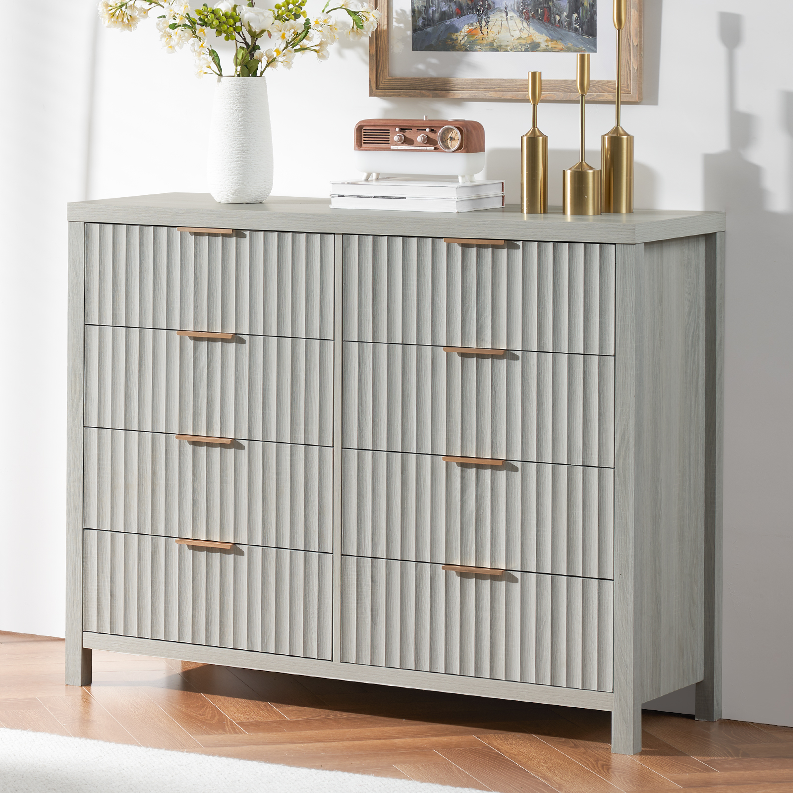 Austin 8 Drawer Double Dresser, Oak Structure/White High Gloss