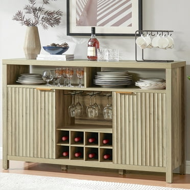 OAKHAM Bar Cabinet with Wine Rack, Wine Bar Buffet Cabinet with Storage, Liquor Bar Buffet Sideboard, Sunwashed Ash Oak