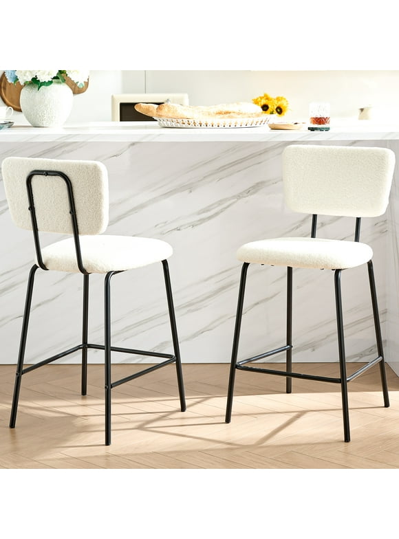 OAKHAM Bar Stools Set of 2 Boucle Barstools Island Chairs Modern Kitchen Counter Stools Sherpa Bar Stools 24in Counter Height Stools with Back and Footrest for Kitchen Island Counter, White