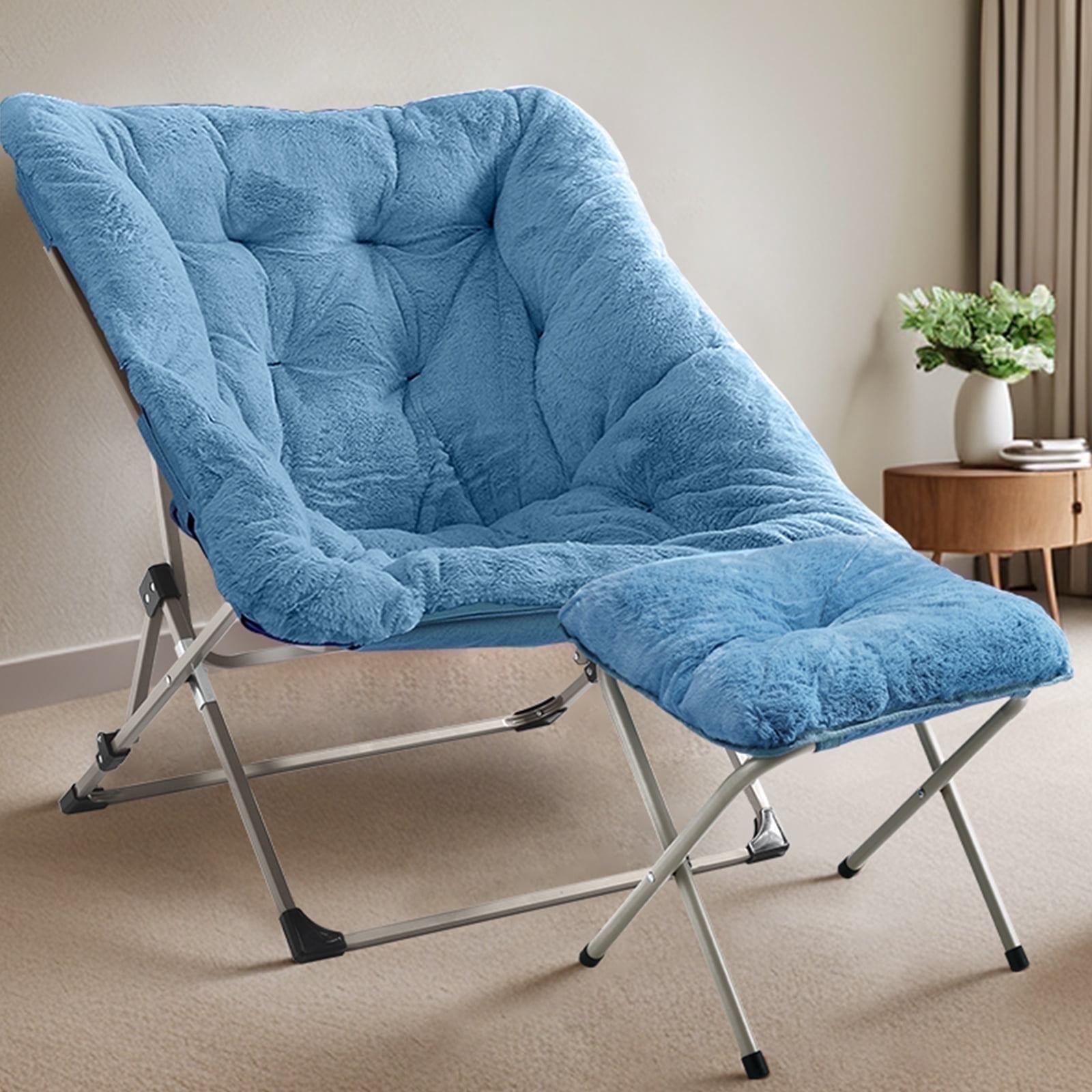 Oversized Faux Fur Saucer Chair With Ottoman – Foldable, No Assembly, 300lb Capacity For Bedroom, Dorm, Living Room (Dark Gray)
