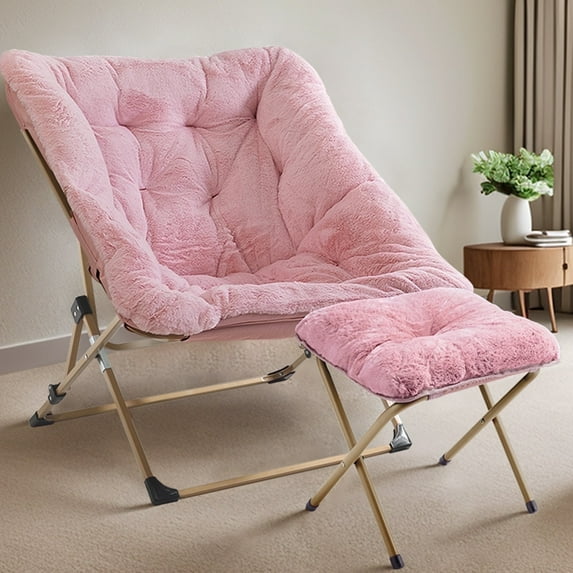 OAKHAM Comfy Saucer Chair with Ottoman, Folding Faux Fur Lounge Chair with Footrest Stool for Bedroom and Living Room, Flexible Seating for Adults, X-Large, Pink