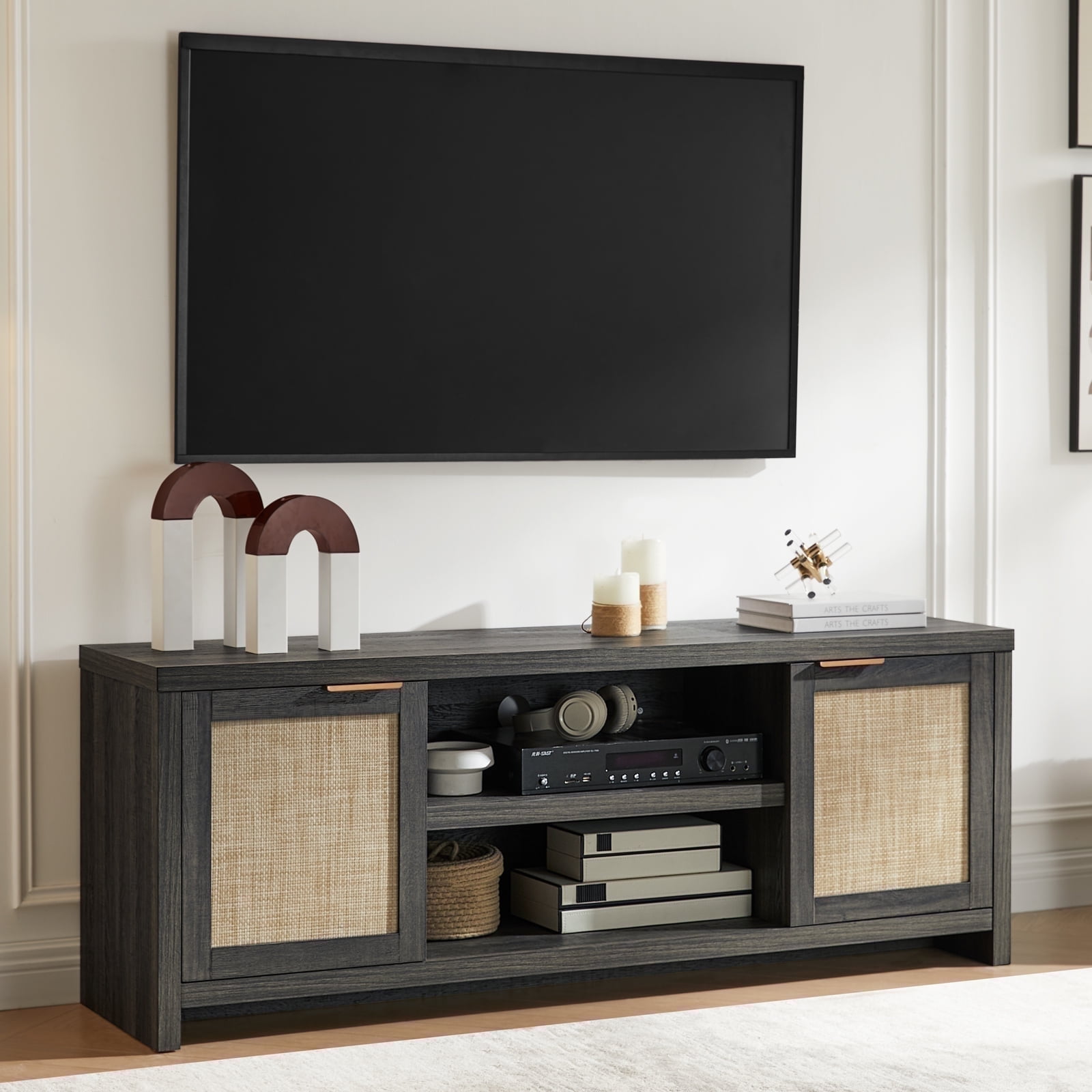 DWVO Rattan TV Stand For TVs Up To 65” – Boho Media Console With Rattan Doors, Adjustable Shelf, And Cord Management