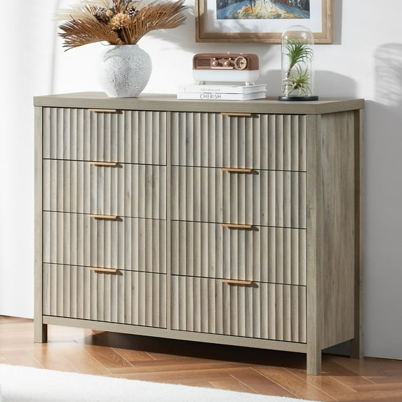OAKHAM Fluted 8 Drawer Dresser, Wide Dresser TV Stands for Bedroom, Living Room, Gray Oak