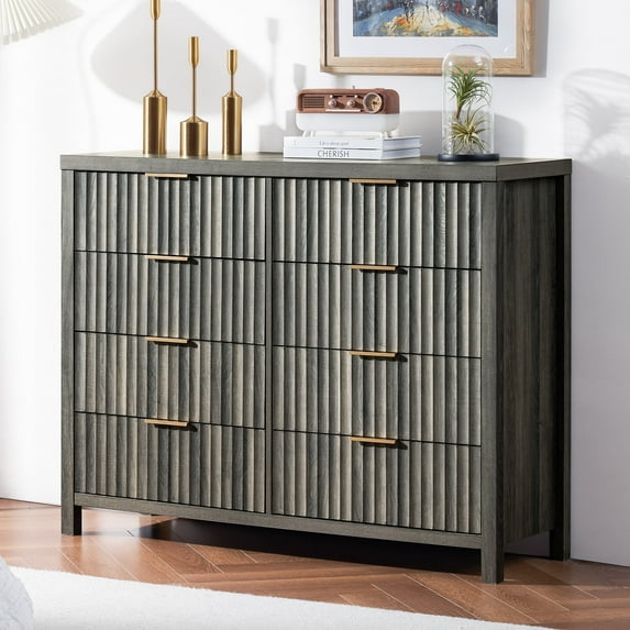 OAKHAM Fluted 8 Drawer Dresser, Wide Dresser TV Stands for Bedroom, Living Room, Midnight Oak