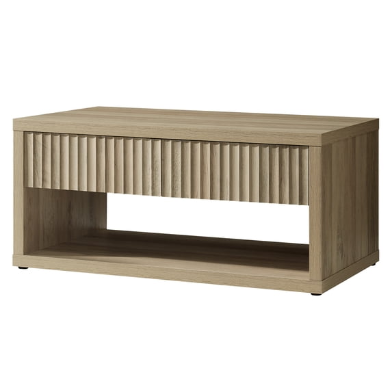 OAKHAM Fluted Coffee Table for Living Room, Square Center Table with 4 Storage Drawers, Sunwashed Ash Oak