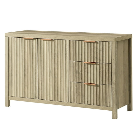 OAKHAM Fluted Sideboard Buffet Cabinet with 2 Doors and 3 Drawers, Modern Credenza with Adjustable Shelves, Accent Cabinet Console, Sunwashed Ash Oak