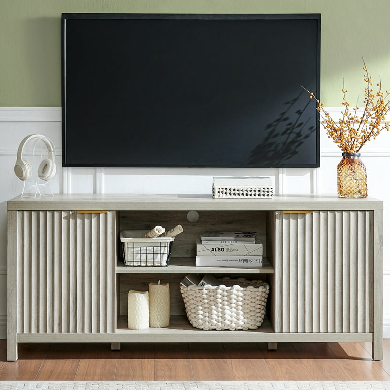 Oakham Fluted TV Stands Entertainment Center for 65 inch TV Modern Farmhouse TV Console with Doors Cabinet Media Console with Storage Gray Oak