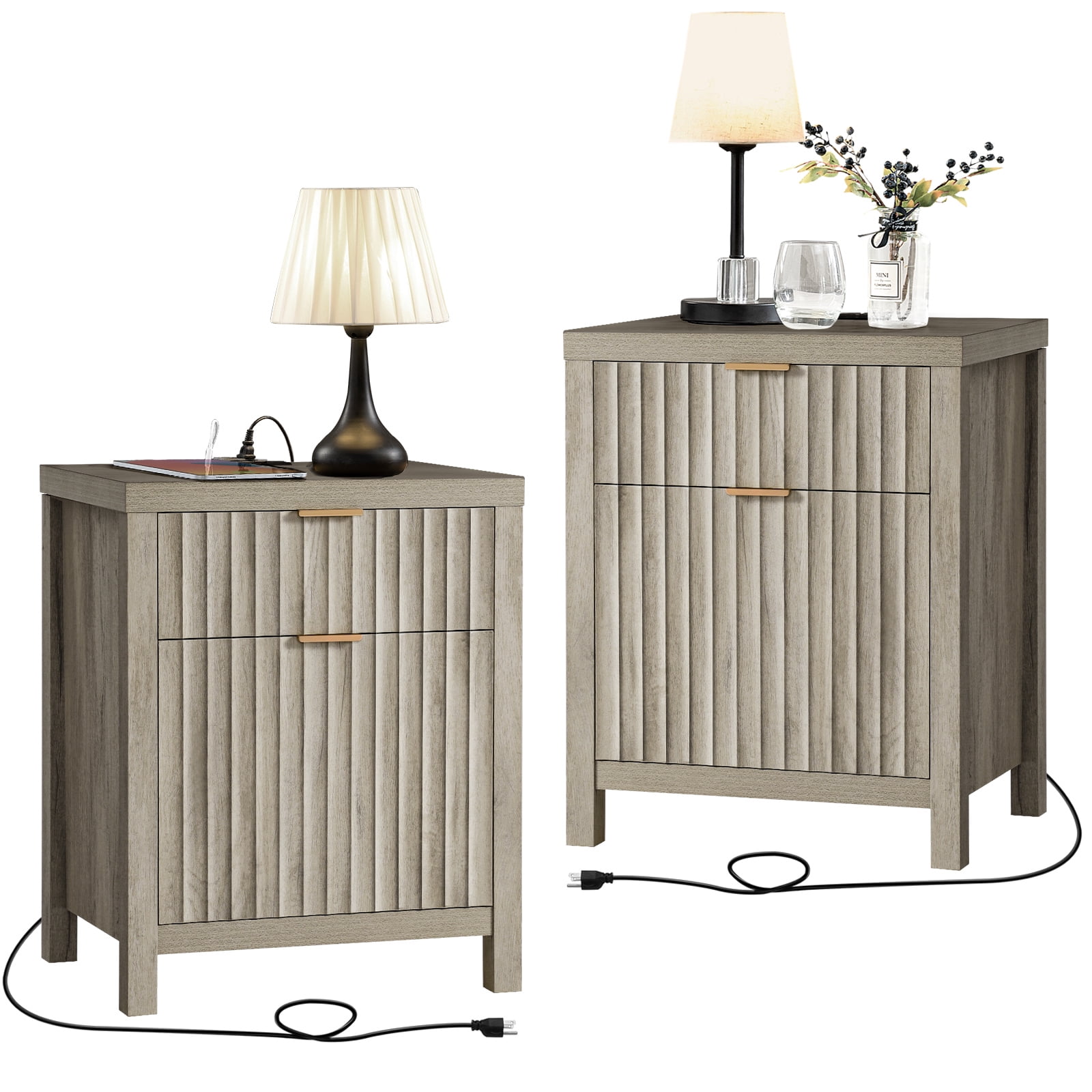 Greige Oak 2-Drawer Nightstand with Built-In Charging Station, Set of 2