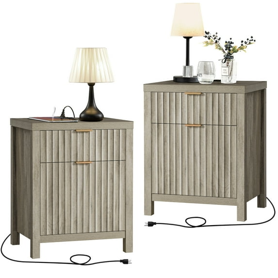 OAKHAM Gray Nightstand with 2 Drawers, Farmhouse Bedside Table with Charging Station, Set of 2
