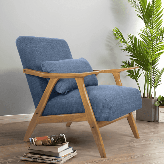 OAKHAM Mid Century Modern Accent Chair, Living Room Fabric Read Arm Chair with Cushion, Walnut-Blue