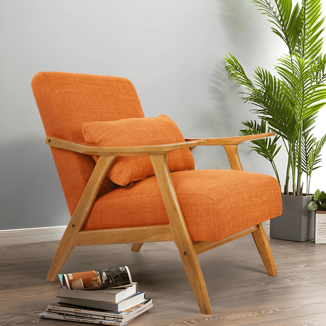 OAKHAM Mid Century Modern Wood Linen Furniture, Accent Chair, Living