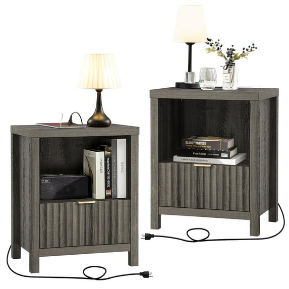 OAKHAM Nightstand with Charging Station, Bedside Tables with USB/Type-C Ports, Farmhouse Side Table End Table for Bedroom, Living Room, Set of 2, Midnight Oak