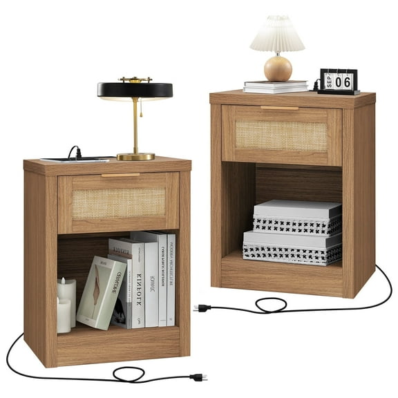 OAKHAM Rattan Nightstand Set of 2 with Charging Station and USB Ports, Boho Bedside Tables